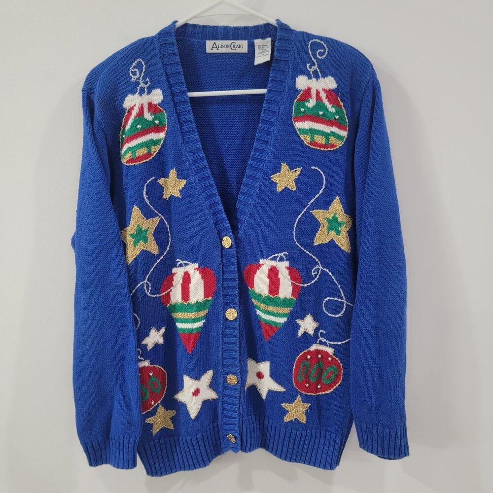 Womens Cardigan Ugly Christmas Sweater Size Medium Blue Embroidered Novelty